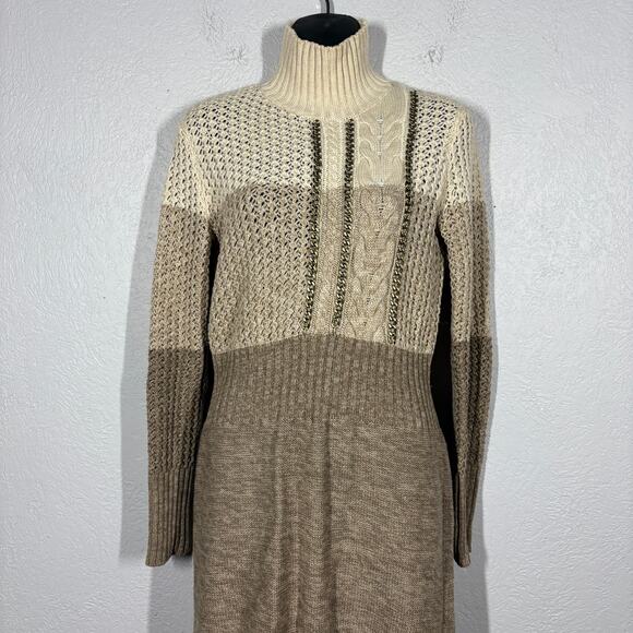 Moda INternational Chain Accent Sweater Dress Sheath Long Sleeve Tan - S - Picture 10 of 12